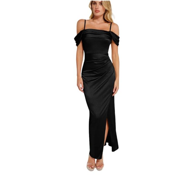 POPILUSH- Shapewear Off Shoulder Shine Ruched Sculpting Maxi Dress- SMALL🖤 - Picture 1 of 7